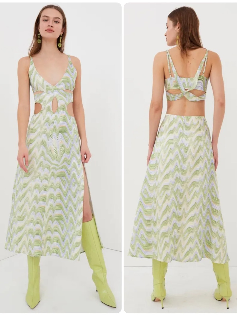 For Love And Lemons Yori Plunging V-Neck Cutout Wave Print Midi Dress NWT $259
